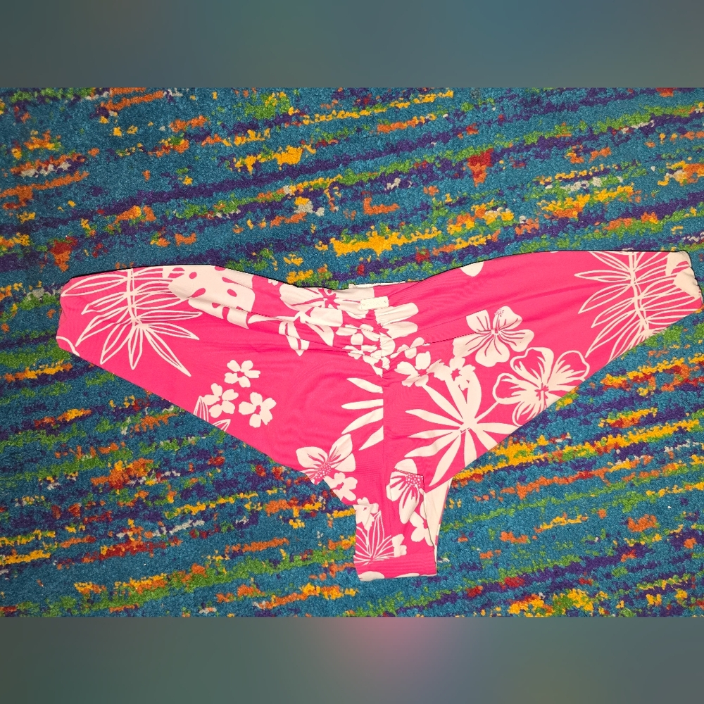 NWT 🌸 Roxy Beach Classic Rouched Cheeky Bikini Bottom Size XL Hello Aloha Pink - Picture 3 of 6